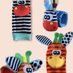 JUMPYTOYS - Babysokken Met Rammelaar & 2 Rammelaars Voor Pols - 4delig - Zebra - Dierlijk Figuurtje - BLAUW/ROOD