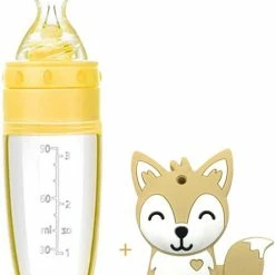 Biberoia® Bijtring En Knijpfles Met Lepel - Baby / Kinderbestek - Speelgoed - Kraamcadeau - Babyshower - Geel