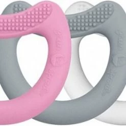 GREEN SPROUTS - 3 Siliconen Eerste Bijtringen- Roze, Grijs En Wit