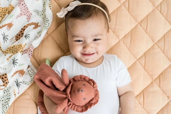 Tikiri Safari: KNUFFELDOEKJE In Biologisch Katoen, Rood - LEEUW Met Bijtring In Natuurlijk Rubber 30x30cm, Op Kaart, 0+ 4 Tikiri Safari: KNUFFELDOEKJE In Biologisch Katoen, Rood - LEEUW Met Bijtring In Natuurlijk Rubber 30x30cm, Op Kaart, 0+ - Afbeelding 2