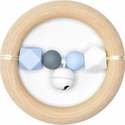 Merkloos Beukenhouten - Baby Rammelaar - Met Blauwe Bijtkralen - Bijtspeelgoed - Bijtfiguur - Baby Speelgoed - Silicone - Bijtring - Bijtspeeltje - 10cm