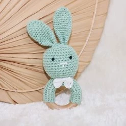 Luppa Rammelaar Konijn - Houten Rammelaar - Speelgoed - Kraamcadeau - Groen