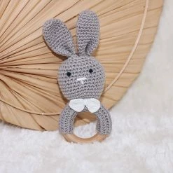 Luppa Rammelaar Konijn - Houten Rammelaar - Speelgoed - Kraamcadeau - Grijs