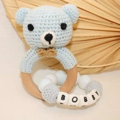 Luppa Rammelaar Beer - Houten Rammelaar - Bijtspeelgoed - Cadeau - Siliconen- Blauw