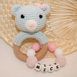 Luppa Rammelaar Beer - Houten Rammelaar - Bijtspeelgoed - Cadeau - Siliconen - Roze