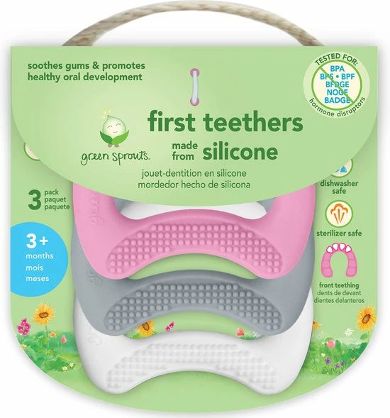 GREEN SPROUTS - 3 Siliconen Eerste Bijtringen- Roze, Grijs En Wit 4 GREEN SPROUTS - 3 Siliconen Eerste Bijtringen- Roze, Grijs En Wit - Afbeelding 2