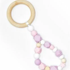 Merkloos Bijtring - Baby Speelgoed - Bijtspeelgoed - Bijtfiguur - Bijtspeeltje - Met Silicone Bijtkralen, Houten En Gehaakte Kralen Rose, Paars Met Wit