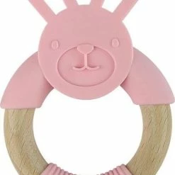 Merkloos Beukenhouten - Bijtfiguur - Bijtspeelgoed - Bijtkonijn - Baby Speelgoed - Silicone - Bijtring - Bijtspeeltje - Rose