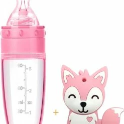 Biberoia® Bijtring En Knijpfles Met Lepel - Baby / Kinderbestek - Speelgoed - Kraamcadeau - Babyshower - Roze